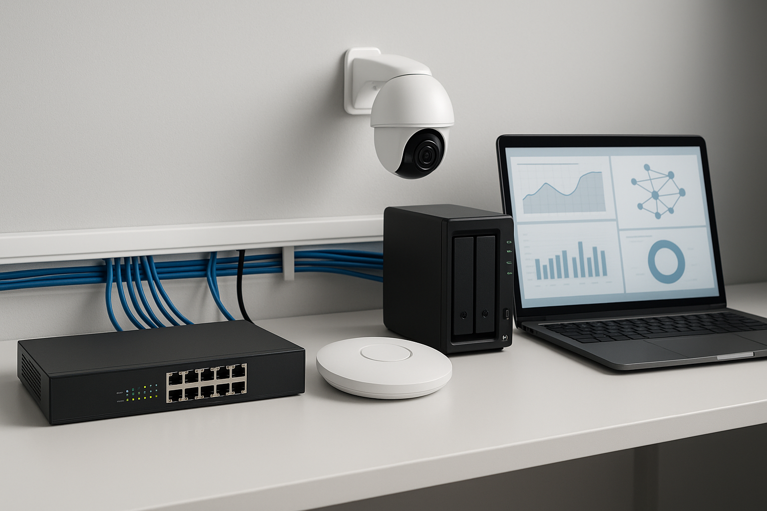 Bancada técnica com switch, gateway, access point, câmera IP, NAS e dashboard de monitoramento