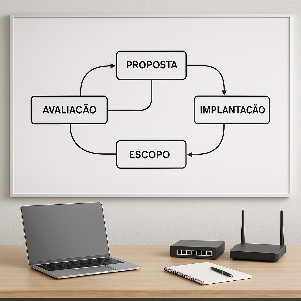 Metodologia de projeto de infraestrutura com etapas de avaliação, escopo, proposta e monitoramento