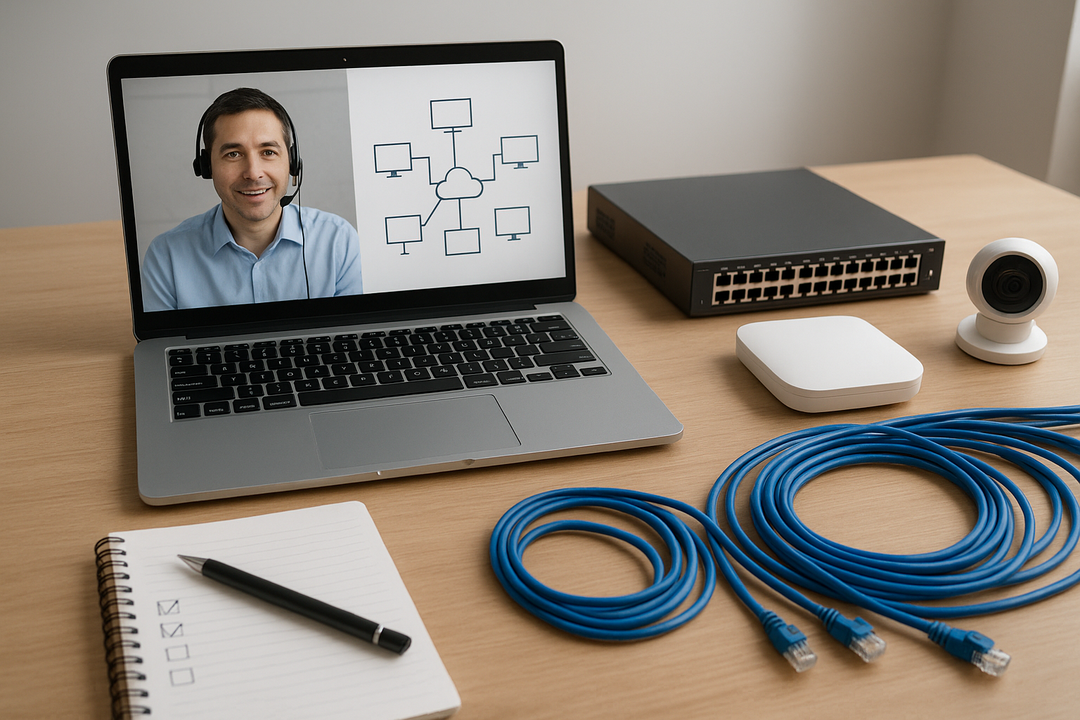 Treinamento técnico remoto e presencial com notebook, equipamentos de rede e checklist